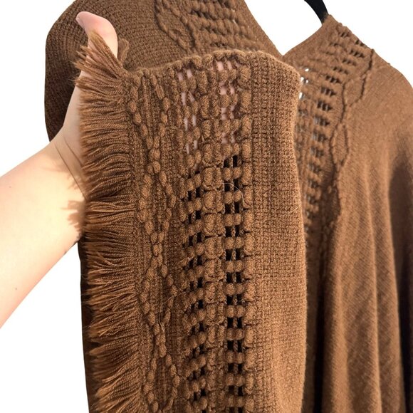 Boho Open-Front Fringe Knit Poncho Brown Acrylic One Size Statement Layers - Picture 5 of 8